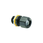 Low-profile non-metallic, liquid-tight, oil-tight, and gray strain relief cord connector furnished with a sealing ring and locknut. Supports .200 to .485 cord range with a 1/2 inch trade size.