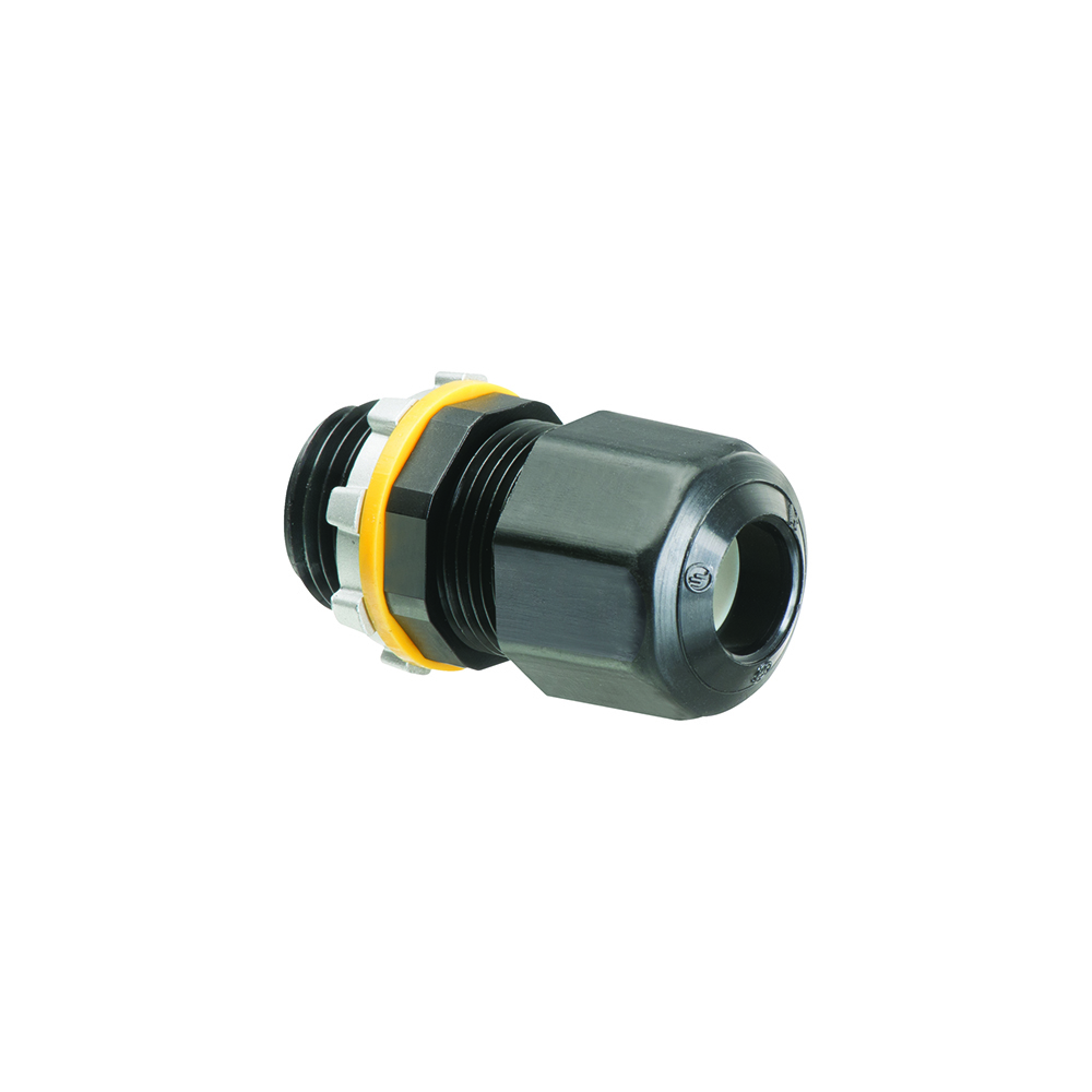 Low-profile non-metallic, liquid-tight, oil-tight, and gray strain relief cord connector furnished with a sealing ring and locknut. Supports .200 to .485 cord range with a 1/2 inch trade size.