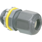 Low-profile non-metallic, liquid-tight, oil-tight, and gray strain relief cord connector furnished with a sealing ring and locknut. Supports .100 to .360 cord range with a 1/2 inch trade size.