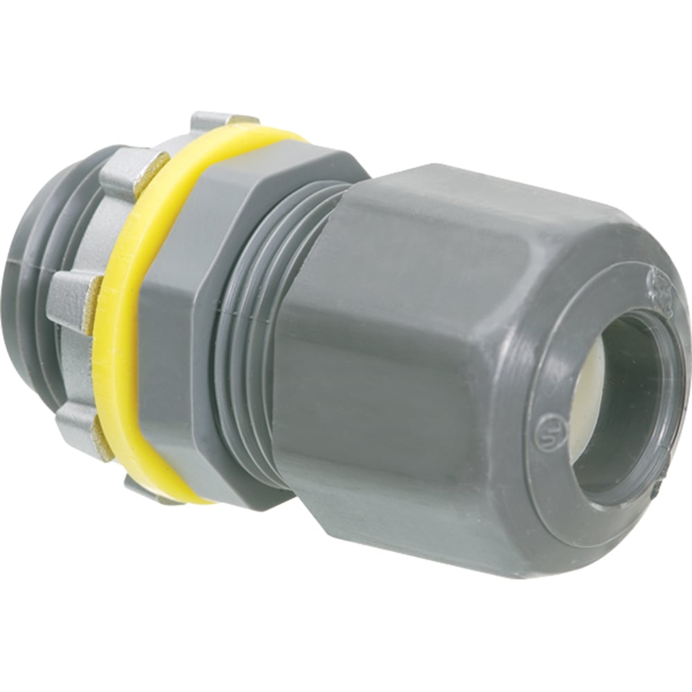 Low-profile non-metallic, liquid-tight, oil-tight, and gray strain relief cord connector furnished with a sealing ring and locknut. Supports .100 to .360 cord range with a 1/2 inch trade size.