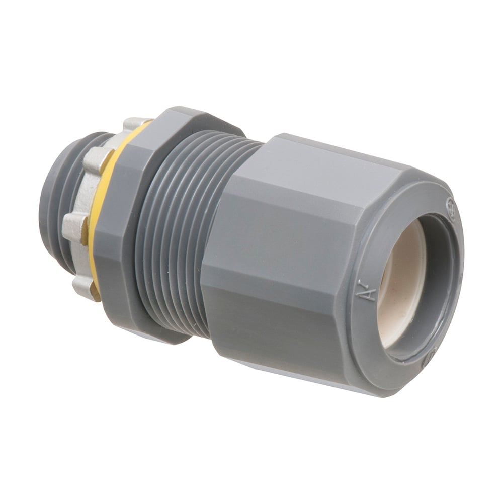 Low-profile non-metallic, liquid-tight, oil-tight, and gray strain relief cord connector furnished with a sealing ring and locknut. Supports .385 to .600 cord range with a 1/2 inch trade size.