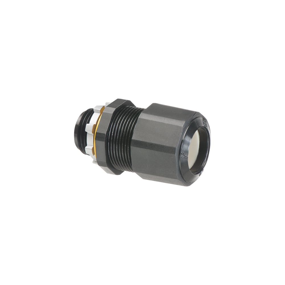 Low-profile non-metallic, liquid-tight, oil-tight, and black strain relief cord connector furnished with a sealing ring and locknut. Supports .385 to .750 cord range with a 1/2 inch trade size.