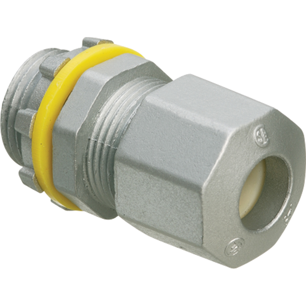 Low-profile zinc die-cast, liquid-tight, and oil-tight strain relief cord connector furnished with a sealing ring and locknut. Supports .385 to .600 cord range with a 1/2 inch trade size.