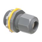 Low-profile non-metallic, liquid-tight, oil-tight, and gray strain relief cord connector furnished with a sealing ring and locknut. Supports .100 to .360 cord range with a 3/4 inch trade size.