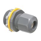 Low-profile non-metallic, liquid-tight, oil-tight, and gray strain relief cord connector furnished with a sealing ring and locknut. Supports .200 to .485 cord range with a 3/4 inch trade size.