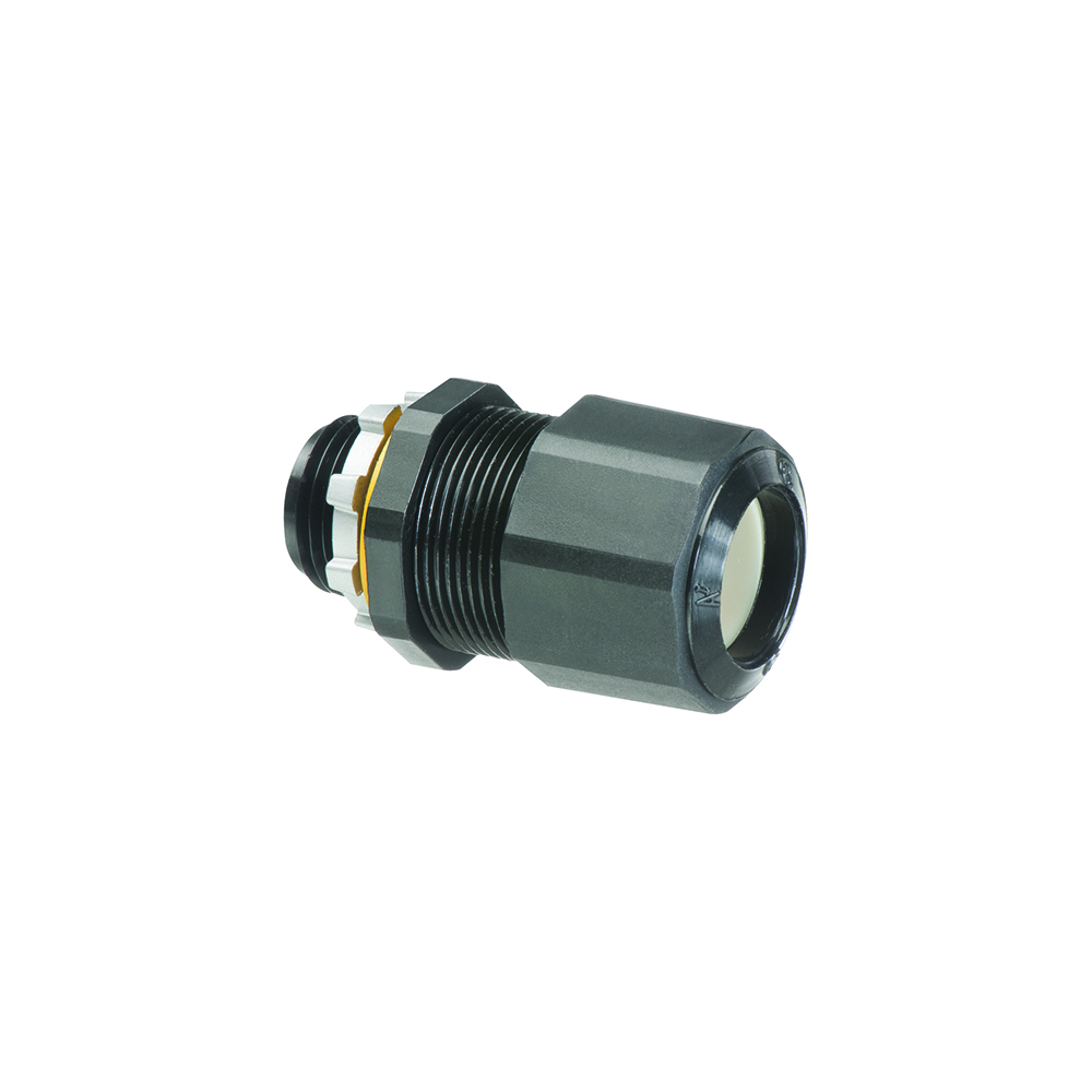 Low-profile non-metallic, liquid-tight, oil-tight, and black strain relief cord connector furnished with a sealing ring and locknut. Supports .240 to .472 cord range with a 3/4 inch trade size.