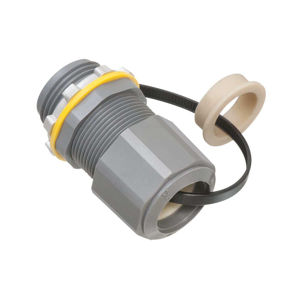 Low-profile non-metallic, liquid-tight, oil-tight, and gray strain relief cord connector furnished with a sealing ring and locknut. Supports .385 to .750 cord range with a 3/4 inch trade size.