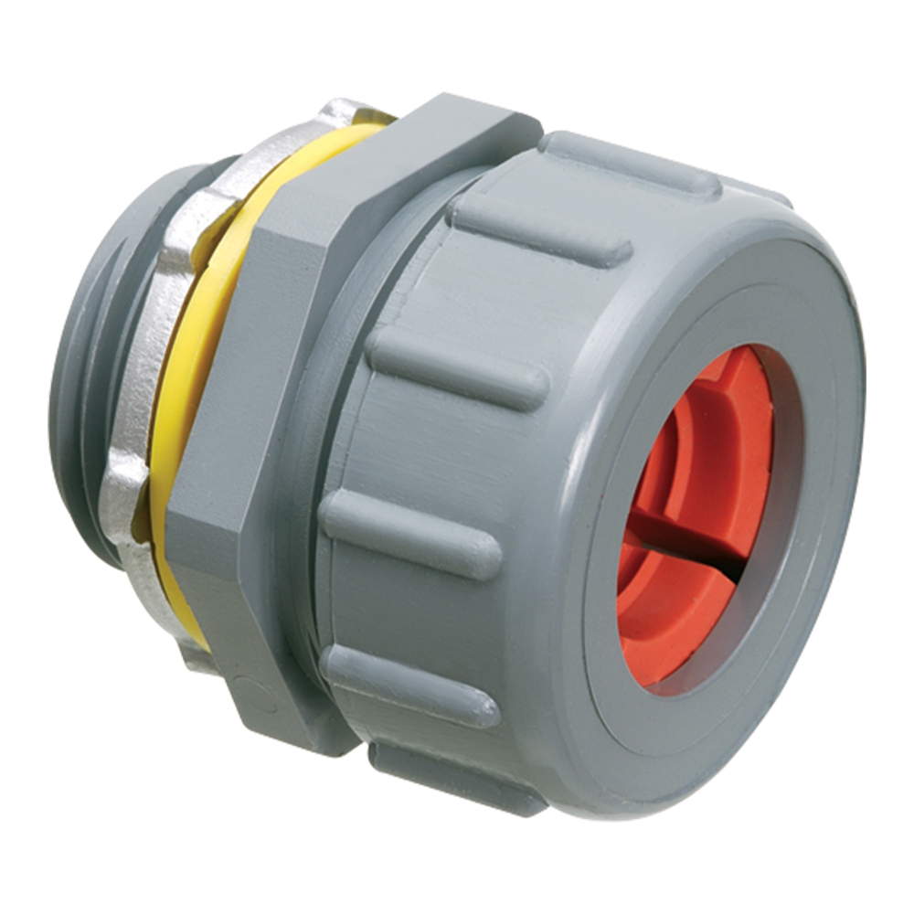 Non-metallic, liquid-tight, black, and oil-tight colorgrip strain relief cord connector furnished with a sealing ring and locknut. Supports .750 to .875 cord range with a 1 inch trade size.