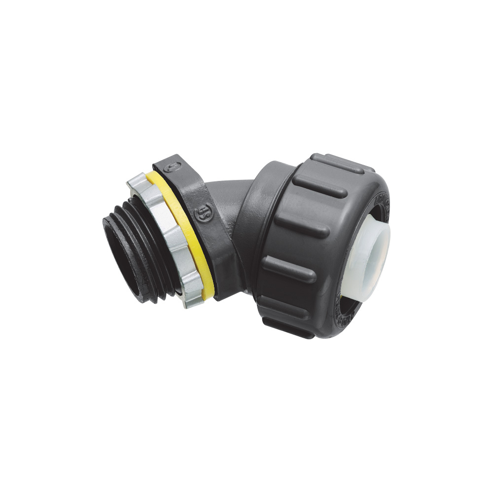 Non Metallic 45 degree connector for use with non metallic liquid tight conduit type B only. 2" Trade Size. Color Black.