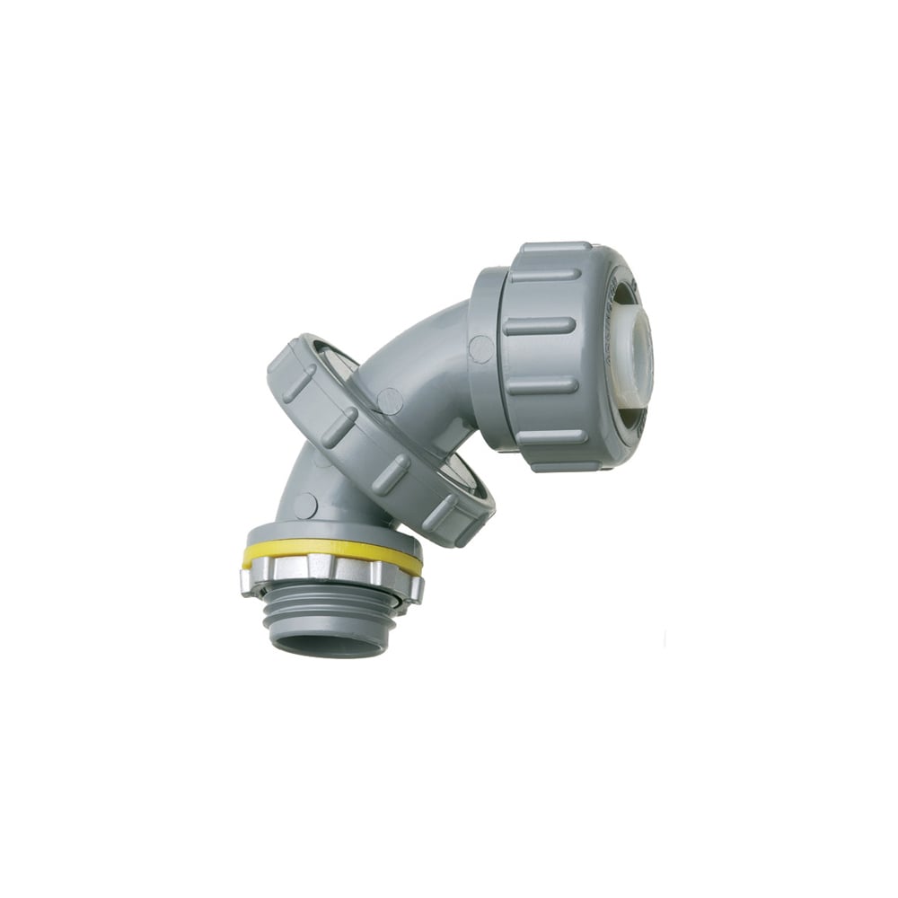 Zero to 90 degree non metallic liquid tight connector for type B only. 3/4" Trade Size. Adjusts for all angles from 0 to 90 degrees by simply loosening the center nut, twist to the correct angle and then retightening the nut.