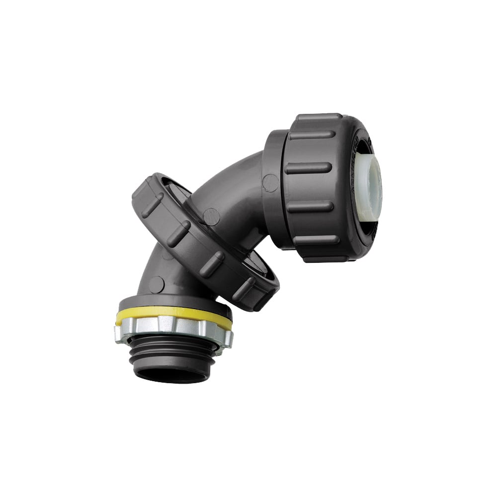 Zero to 90 degree non metallic liquid tight connector for type B only. 3/4" Trade Size. Adjusts for all angles from 0 to 90 degrees by simply loosening the center nut, twist to the correct angle and then retightening the nut. Color Black.