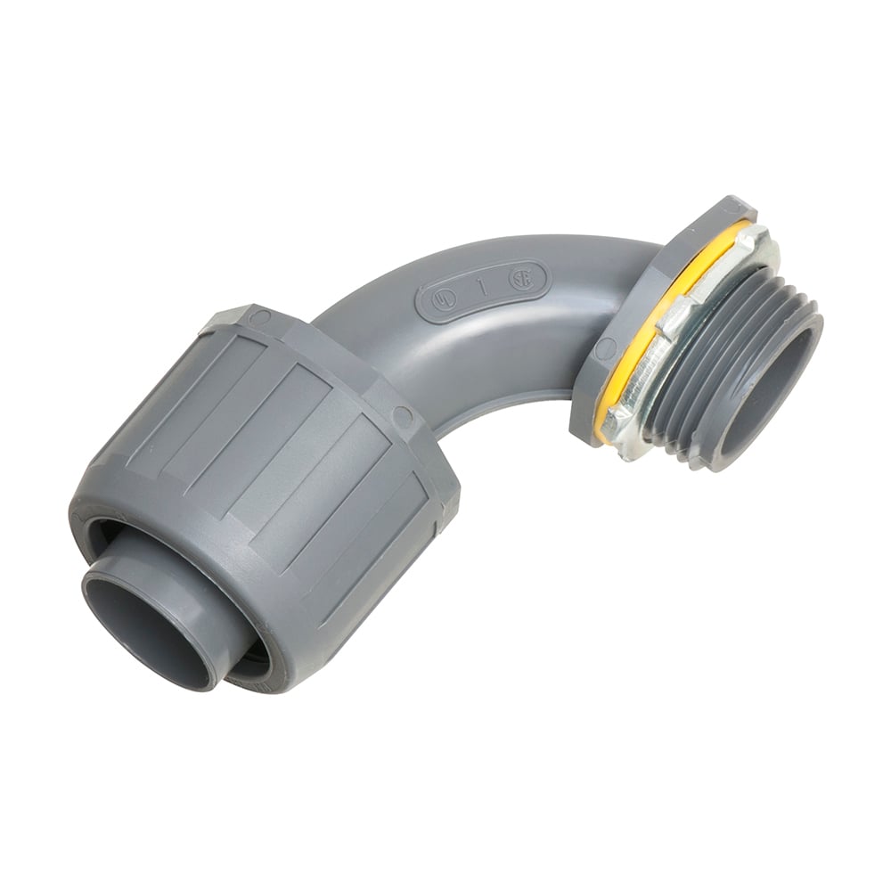 90 degree Non Metallic snap2it connector for use with non metallic liquid tight conduit type B only. Push on installation. 1" Trade Size.