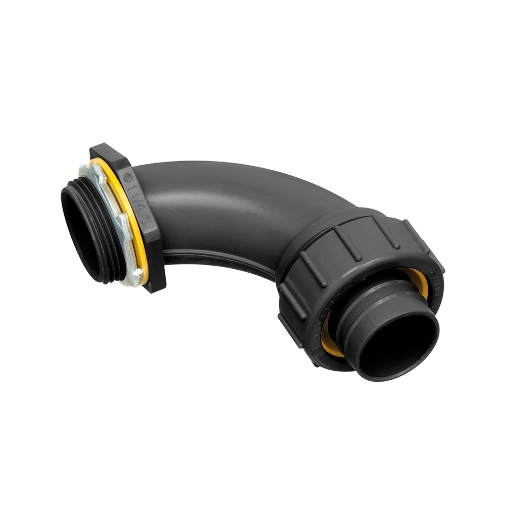 Non Metallic 90 degree connector for use with non metallic liquid tight conduit type B only. 1-1/4" Trade Size. Color Black.