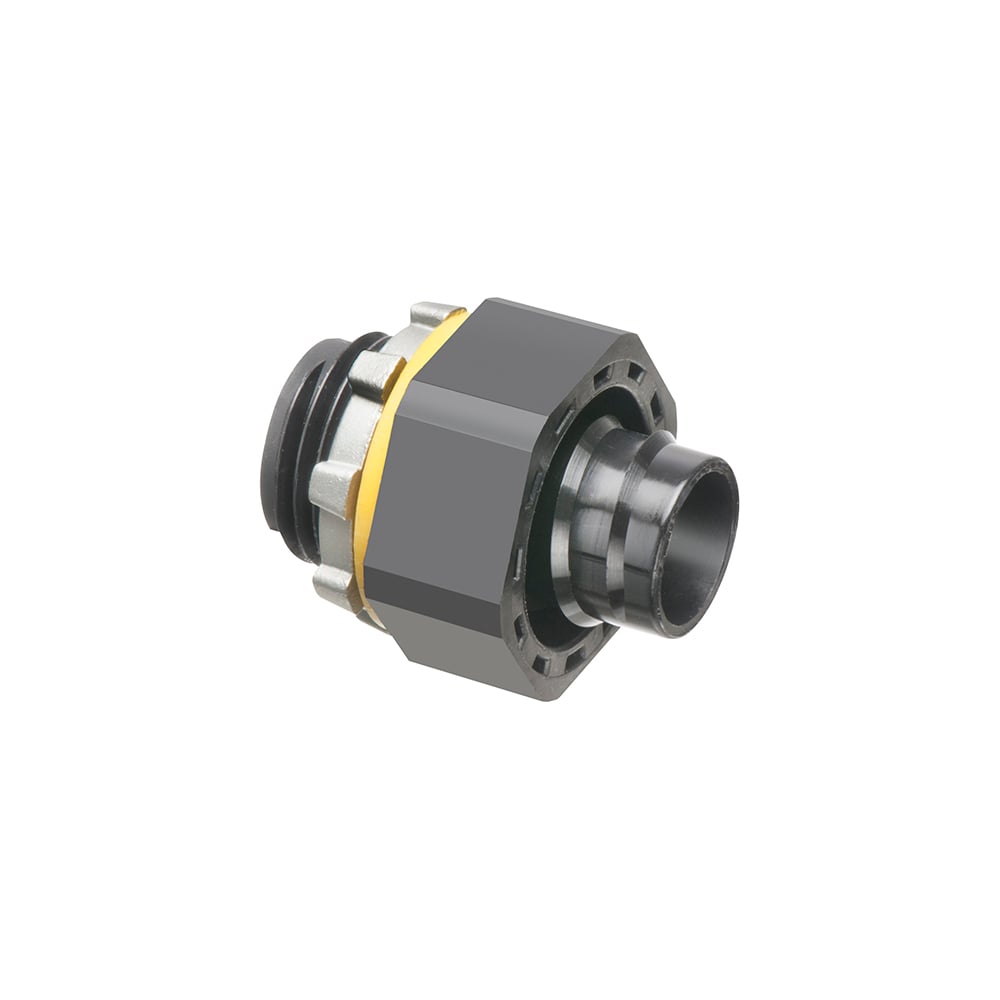 Non Metallic screw on straight liquid tight connector for liquid tight conduit type B only. Trade Size 3/8". Color Black.
