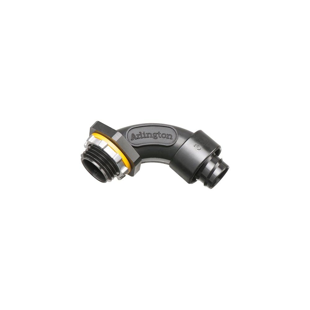 Non Metallic 90 degree screw on straight liquid tight connector for liquid tight conduit type B only. Trade Size 3/8". Color Black.