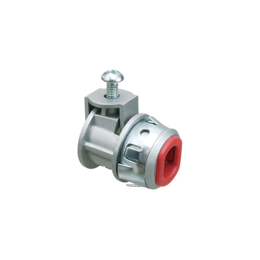Zinc die-cast, 1/2" knockout saddle-type connector with spring set screw for securing aluminum and steel cable. Snaps into knockout with external spring steel clip. Provided with insulated throat. Concrete tight when taped. Supports .405 to .612 cable range with a .400 by .580 end stop diameter.