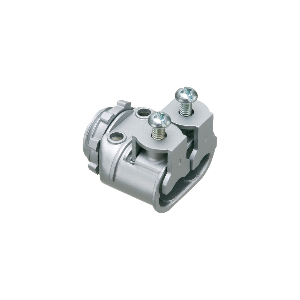 Zinc die-cast, 1/2" knockout saddle-type connector with spring set screw for securing aluminum and steel cable. Snaps into knockout with external spring steel clip. Provided with insulated throat. Concrete tight when taped.