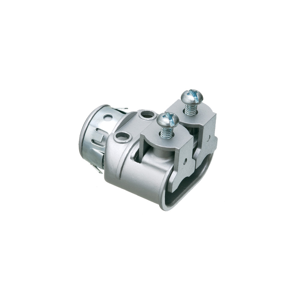 Zinc die-cast, 1/2" knockout saddle-type duplex cable connector for aluminum and steel cable. Concrete tight when taped. With independent securing of cables, you can use two different size cables. Secures to knockout with spring steel clip.