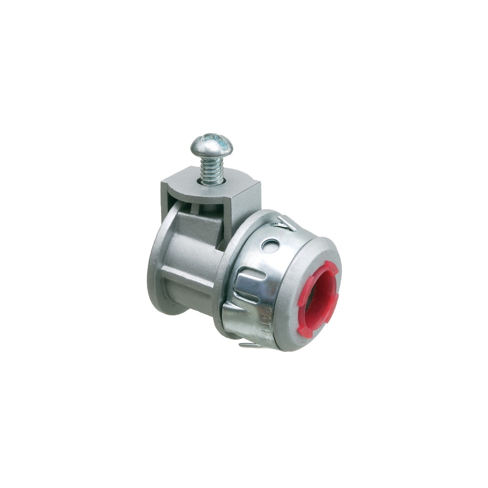 Zinc die-cast, 1/2" knockout saddle-type connector with spring set screw for securing aluminum and steel cable. Snaps into knockout with external spring steel clip. Provided with insulated throat. Concrete tight when taped. Supports .405 to .612 cable range with a .400 end stop diameter.