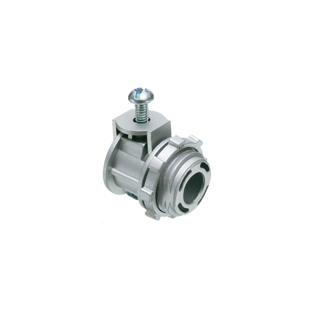 Zinc die-cast, 1/2" knockout saddle-type connector with spring set screw for securing aluminum and steel cable. Secures into knockout with a zinc die-cast. Concrete tight when taped. Supports .710 to .910 cable range with a .620 end stop diameter.