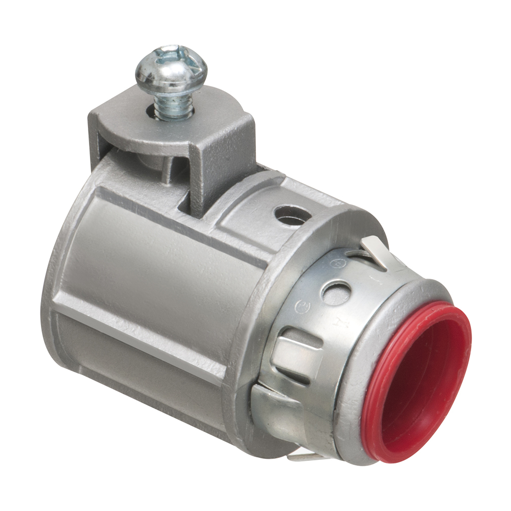 Zinc die-cast, 1/2" knockout saddle-type connector with spring set screw for securing aluminum and steel cable. Snaps into knockout with external spring steel clip. Provided with insulated throat. Concrete tight when taped. Supports .710 to .910 cable range with a .620 end stop diameter.