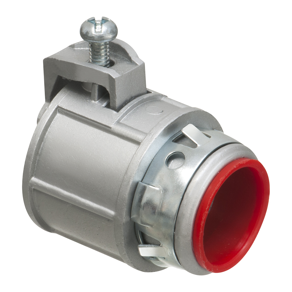 Zinc die-cast, 3/4" knockout saddle-type connector with spring set screw for securing aluminum and steel cable. Snaps into knockout with external spring steel clip. Provided with insulated throat. Concrete tight when taped. Supports .840 to 1.110 cable range with a .820 end stop diameter.