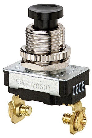 IDEAL, Push Button Switch, Momentary Contact,(On)-Off, Voltage Rating: 120, 240 VAC, Action: SPST, Amperage Rating: 6, 3 AMP, Number Of Poles: 1, Contact Configuration: NO, Connection: Screw, 2 Terminals, Wire Leads Are 18 AWG, 6 IN Stripped Wire, Actuator: Black Plastic, Size: 0.880 IN Length X 0.540 IN Width X 0.350 IN Height, Mounting: 1/2 IN Hole Diameter, Contact: Momentary