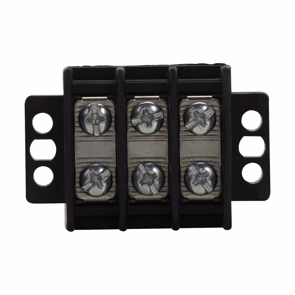Eaton Bussmann TB200 series panel mount terminal block connector, Breakdown voltage 4800V, 600V, 30A, Double row, high barrier, Eight-pole, #6-32 TPI Screw, Screw, Black, Tin-plated brass terminal, Zinc-plated Steel philslot screw