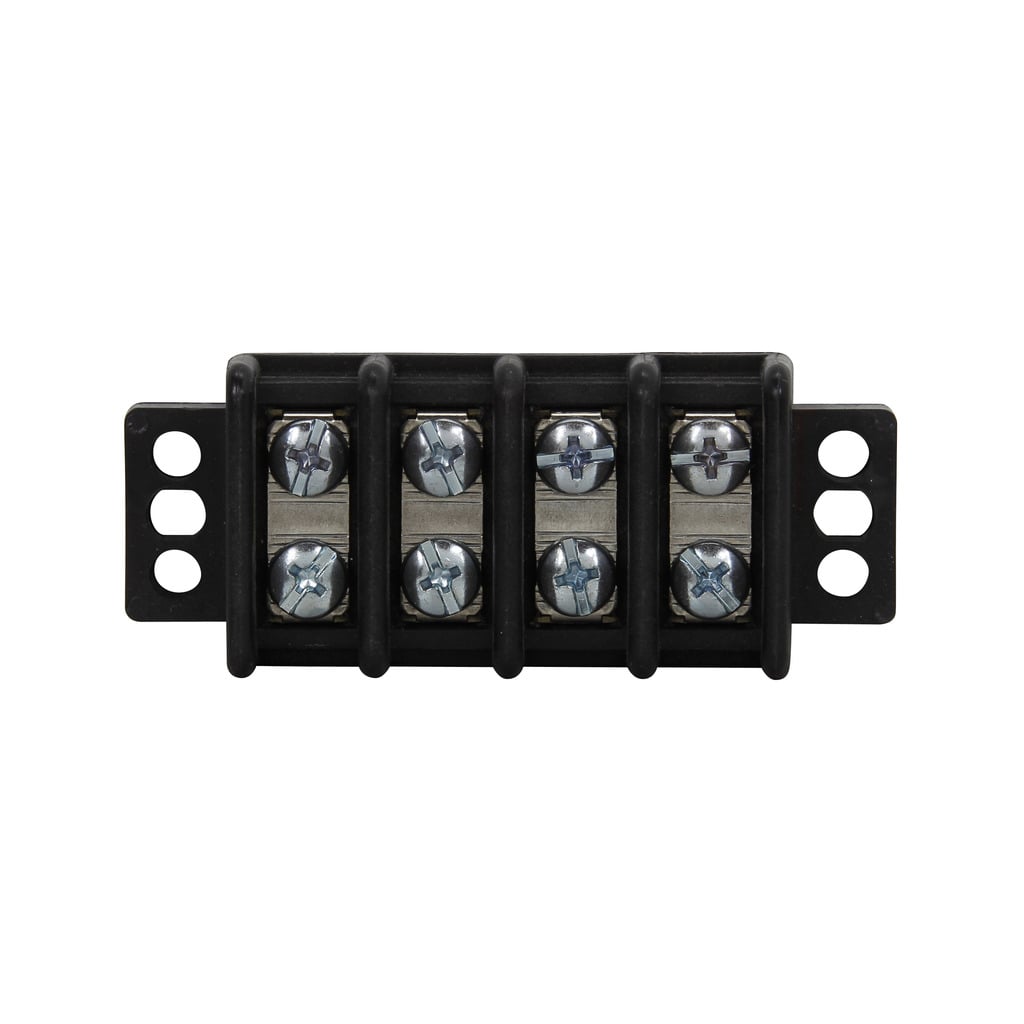 Eaton Bussmann TB300 series panel mount terminal block connector, Breakdown voltage 7500V, 600V, 30A, Double row, barrier, Two-pole, #8-32 TPI Screw, Screw, Black, Tin-plated brass terminal, Zinc-plated Steel philslot screw