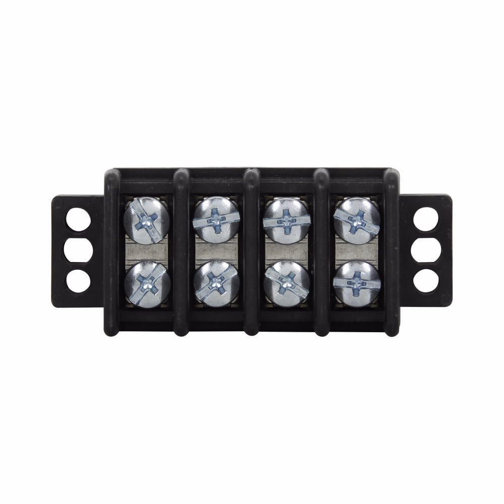 Eaton Bussmann TB345 series panel mount terminal block connector, Breakdown voltage 7500V, 600V, 45A, Double row, barrier, Eight-pole, #10-32 TPI Screw, Screw, Black, Tin-plated brass terminal, Zinc-plated Steel philslot screw