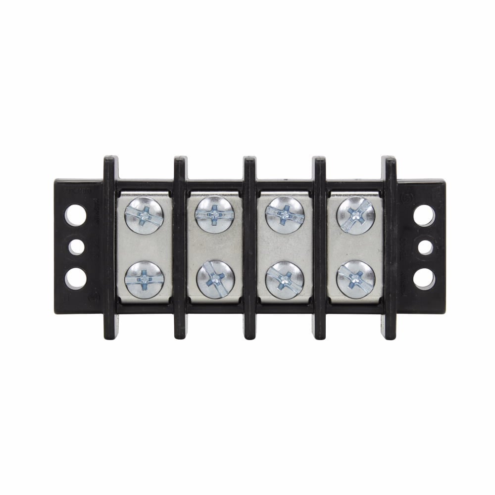 Eaton Bussmann TB400 series panel mount terminal block connector, Breakdown voltage 7500V, 600V, 75A, Double row, barrier, Four-pole, #10-32 TPI Screw, Screw, Black, Tin-plated brass terminal, Zinc-plated Steel philslot screw