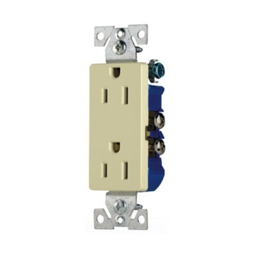 Eaton residential grade duplex receptacle, #14-10 AWG, 15A, Decorator, Commercial,Residential, Flush, 125V, Side and push, Almond, Brass, Impact-resistant thermoplastic, 5-15R, Duplex, Screw, Thermoplastic, Core pack
