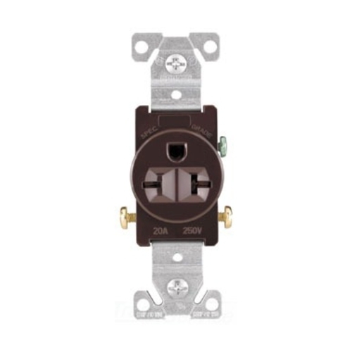 Eaton commercial specification grade single receptacle, #14-10 AWG, 20A, Commercial, Flush, 250V, Side wire, Brown, Brass, Nylon face, PVC bottom, 6-20R, Single, Screw, PVC, ED Box