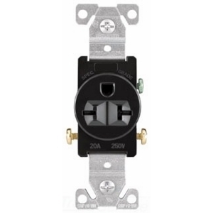 Eaton commercial specification grade single receptacle, #14-10 AWG, 20A, Commercial, Flush, 250V, Side wire, Black, Brass, Nylon face, PVC bottom, 6-20R, Single, Screw, PVC, Core pack