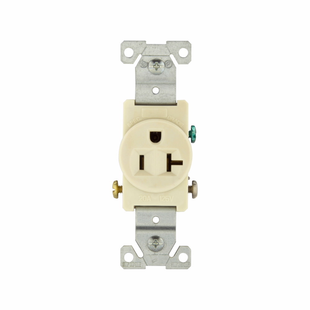 Eaton commercial specification grade single receptacle, #14-10 AWG, 20A, Commercial, Flush, 125V, Side wire, Almond, Brass, Nylon face, PVC bottom, 5-20R, Single, Screw, PVC, Core pack