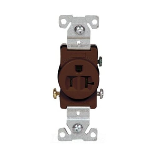 Eaton commercial specification grade single receptacle, #14-10 AWG, 20A, Commercial, Flush, 125V, Side wire, Brown, Brass, Nylon face, PVC bottom, 5-20R, Single, Screw, PVC, ED Box