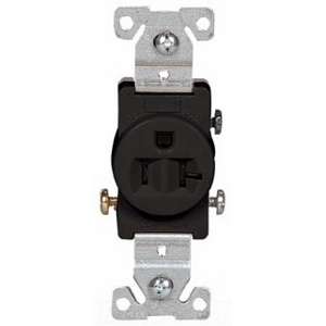 Eaton commercial specification grade single receptacle, #14-10 AWG, 20A, Commercial, Flush, 125V, Side wire, Black, Brass, Nylon face, PVC bottom, 5-20R, Single, Screw, PVC, Core pack