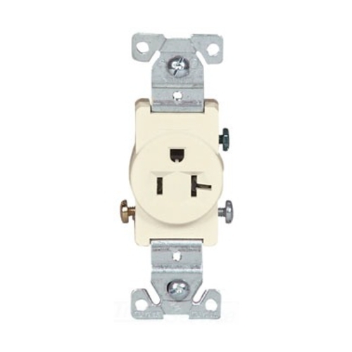 Eaton commercial specification grade single receptacle, #14-10 AWG, 20A, Commercial, Flush, 125V, Side wire, Light almond, Brass, Nylon face, PVC bottom, 5-20R, Single, Screw, PVC, Core pack
