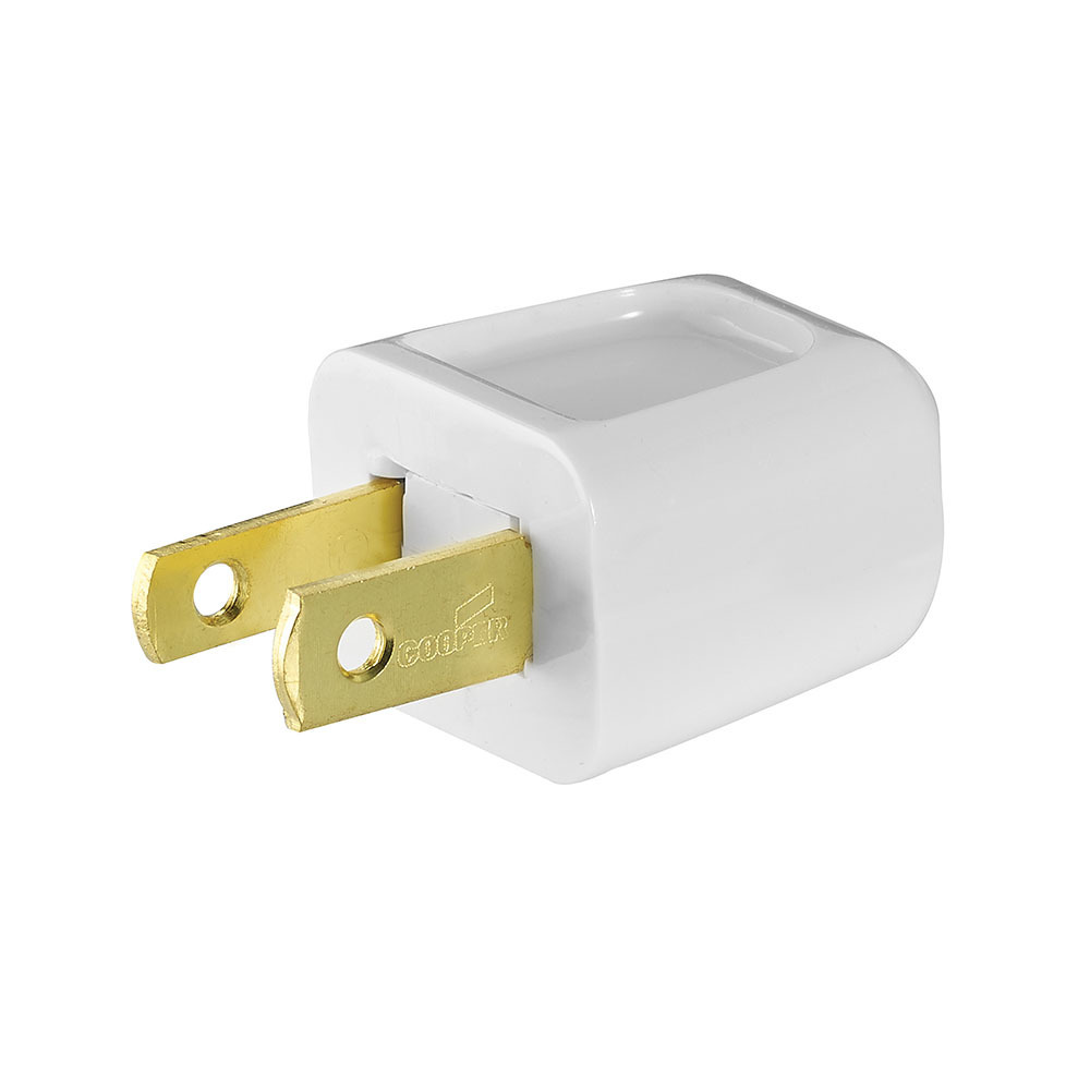 Eaton straight blade plug , #18-10 AWG, 10A, Residential, 125V, Back wire, White, Brass, Thermoplastic, 1-15P, Two-pole, two-wire, non grounding, Insulation piercing, 18-2 SPT-1 cord, Thermoplastic, Bulk, polarized