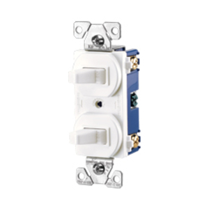 Eaton commercial grade combination switch, Stand, #14 - #12 AWG, 15A, Commer, 120/277V, bk and sd wiring, togg, Maint closure, Screw, Brass, wht, -20-60?C, (2) 3-way, dplx, thermoplas