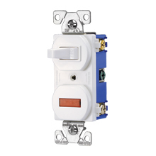 Eaton commercial grade combination switch, Neon pil lgt, Stand, #14 - #12 AWG, 15A, Commer, 120V (Switch), 125V (pil lgt), bk and sd wiring, togg, Maint closure, Screw, Brass, Ivy, -20-60?C, 3-way, dplx, thermoplas, 1 / 25W