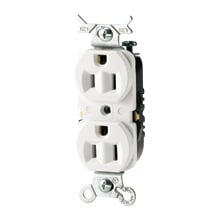 Eaton residential grade duplex receptacle, #14 AWG, 15A, Commercial, Residential, Flush, 125V, Push wire, White, Brass, High-impact thermoplastic, 5-15R, Duplex, Screw, Thermoplastic