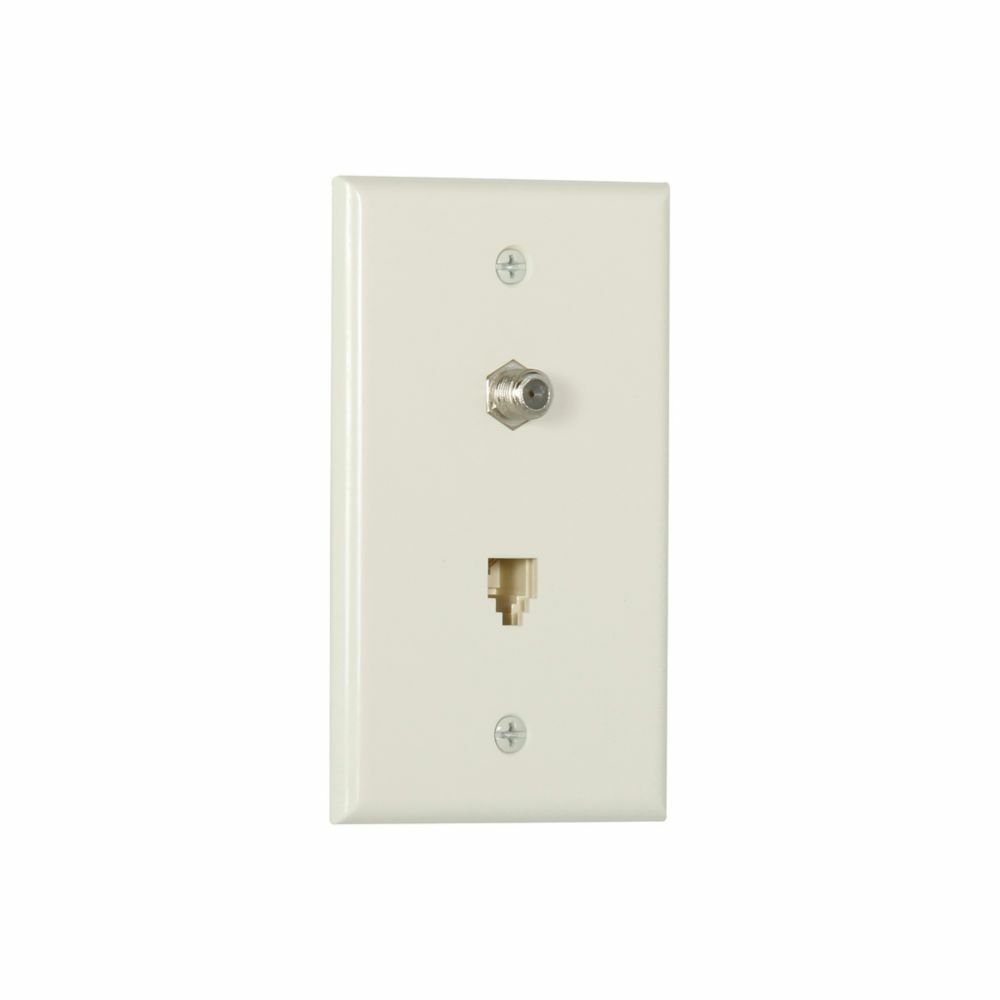 Telephone Jack and Coaxial Adapter Wallplate, Light almond, Thermoplastic, Surface, Standard, 4-conductor jack and coax adapter, Type F, RJ11, RJ14, Combination