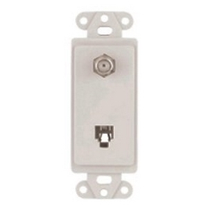 Telephone Jack and Coaxial Adapter Decorator Insert, Light almond, Thermoplastic, Surface, Decorator, 4-conductor jack and coax adapter, Type F, RJ11, RJ14, Combination