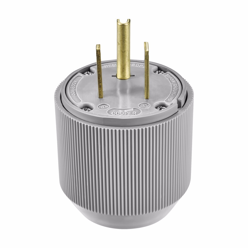 Eaton Arrow Hart extra heavy-duty auto grip plug , #12-4 AWG, 50A, Industrial, 250V, Back wire, Gray, Brass, Nylon, 6-50P, Two-pole, three-wire, grounding, Screw, Nylon, Core pack