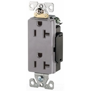 Eaton Arrow Hart extra heavy-duty industrial specification grade decorator duplex receptacle, #14-10 AWG, 20A, Industrial, Flush, 125V, Back and side, Gray, Brass, Glass filled Nylon, 5-20R, Duplex, Screw, Glass-filled nylon, Core pack