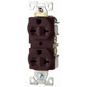 Eaton commercial specification grade duplex receptacle, #14-10 AWG, 20A, Commercial, Flush, 250V, Side wire, Brown, Brass, Nylon, 6-20R, Duplex, Screw, PVC, ED Box