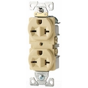Eaton commercial specification grade duplex receptacle, #14-10 AWG, 20A, Commercial, Flush, 250V, Side wire, Ivory, Brass, Nylon, 6-20R, Duplex, Screw, PVC, ED Box
