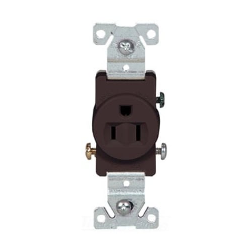 Eaton commercial specification grade single receptacle, #14-10 AWG, 15A, Commercial, Flush, 125V, Side wire, Brown, Brass, Nylon, 5-15R, Single, Screw, PVC, ED Box