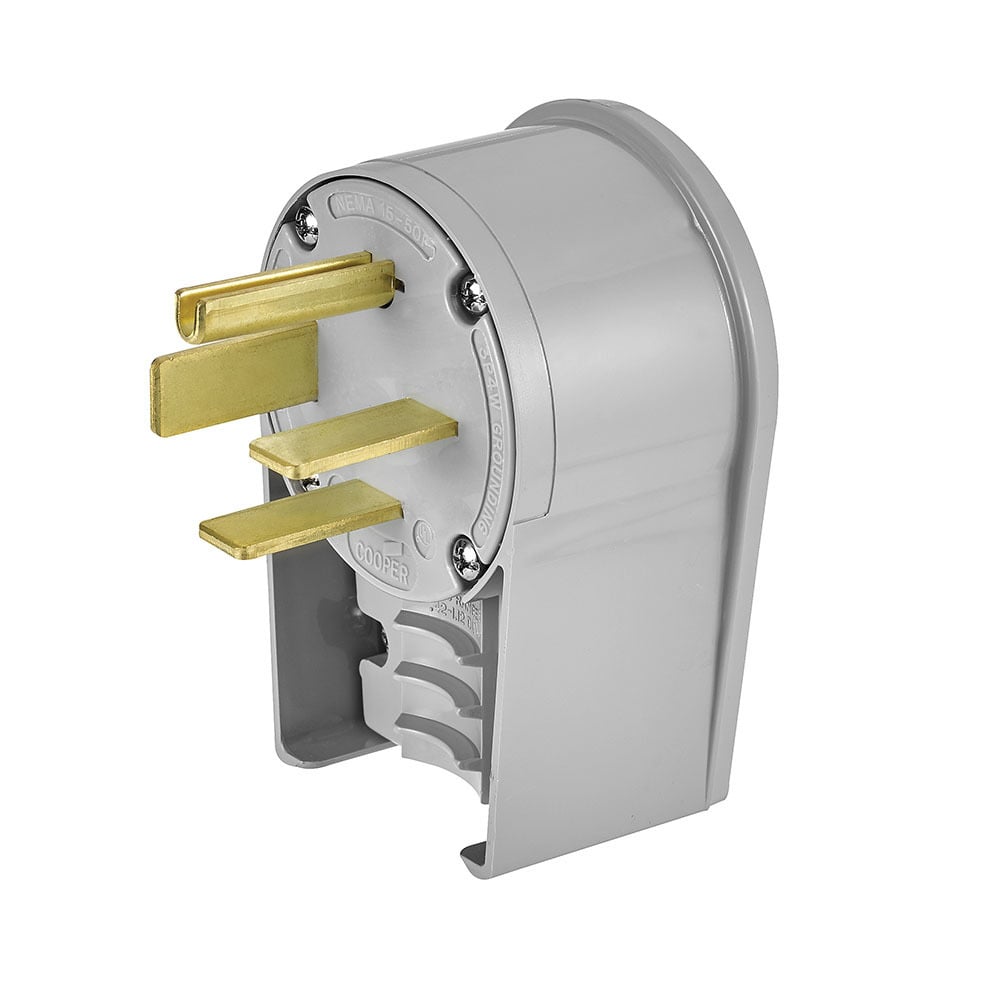Eaton Arrow Hart extra heavy-duty angled plug , #12-4 AWG, 50A, Industrial, range and dryer, 250V, Back wire, Gray, Brass, Nylon, 15-50P, Three-pole, four-wire, grounding, Screw, Nylon, Core pack